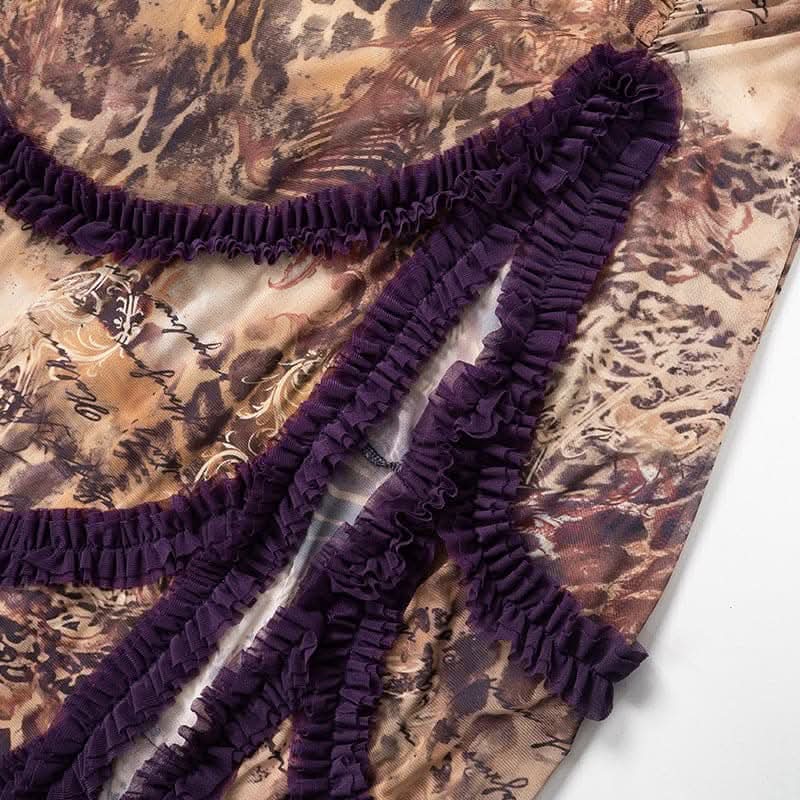 Ruffle spaghetti strap sheer mesh irregular slit maxi dress-final-sale