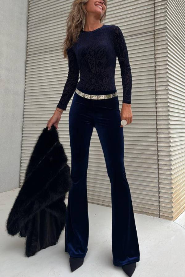 Caty Velvet Mesh Unique Pattern Long Sleeve Stretch Bodysuit