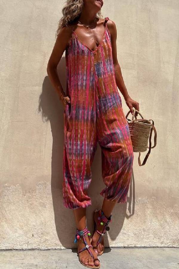 V-neck Printed Loose Lace-up Jumpsuit