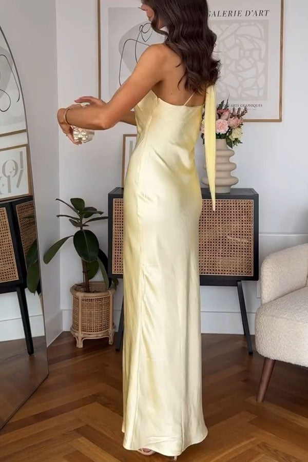 Sexy Asymmetrical Shoulder Tie Sleeveless Slim Solid Formal Dress
