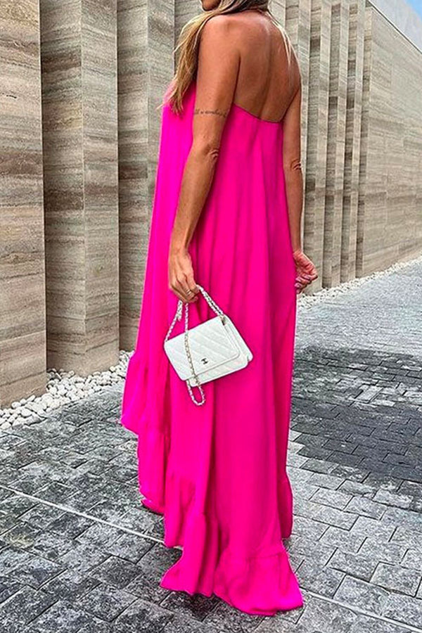 Sleeveless Off Shoulder Irregular Maxi Ruffle Dress
