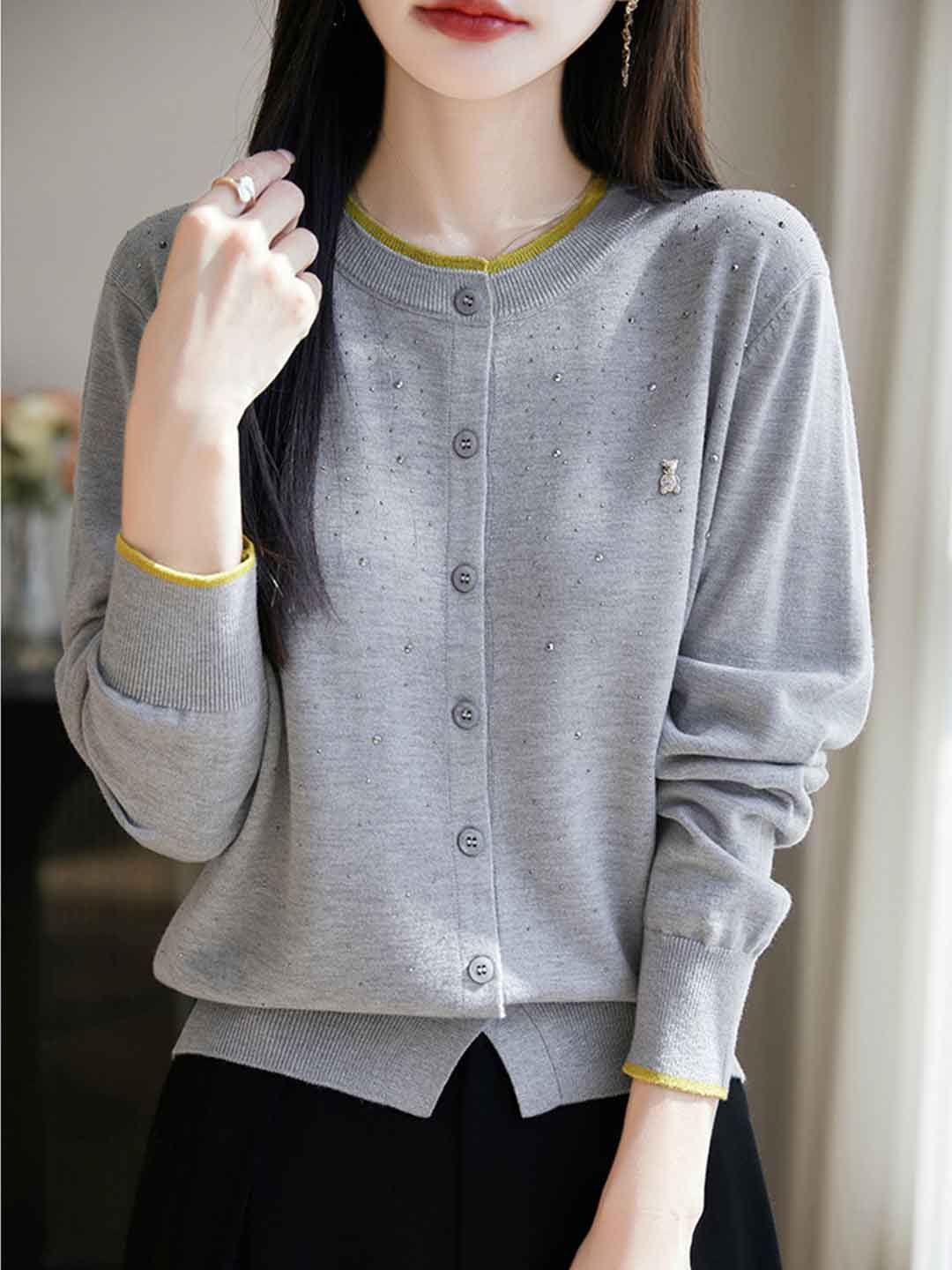 Anna Classic Crew Neck Rhinestone Knitted Cardigan