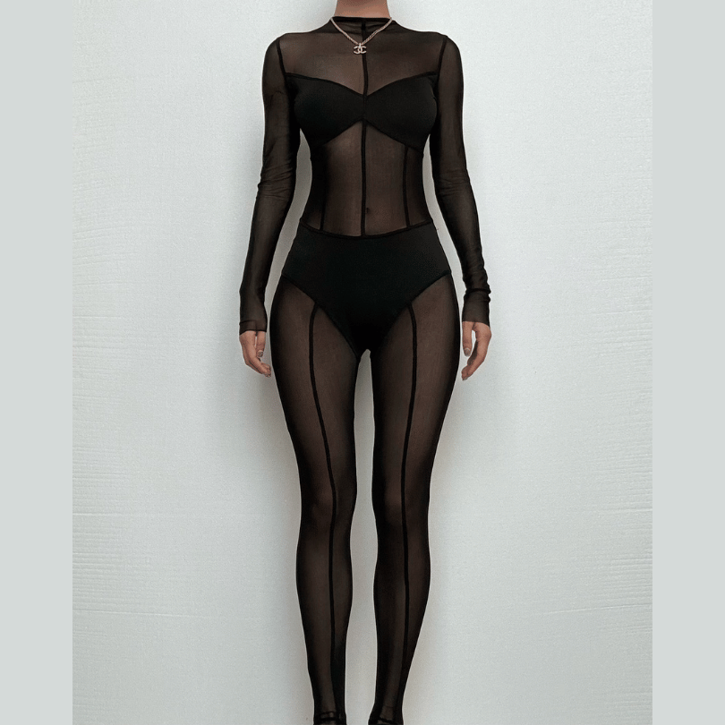 Mesh patchwork zip-up solid long sleeve jumpsuit