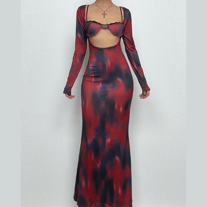 Long sleeve print v neck lace hem contrast maxi skirt set