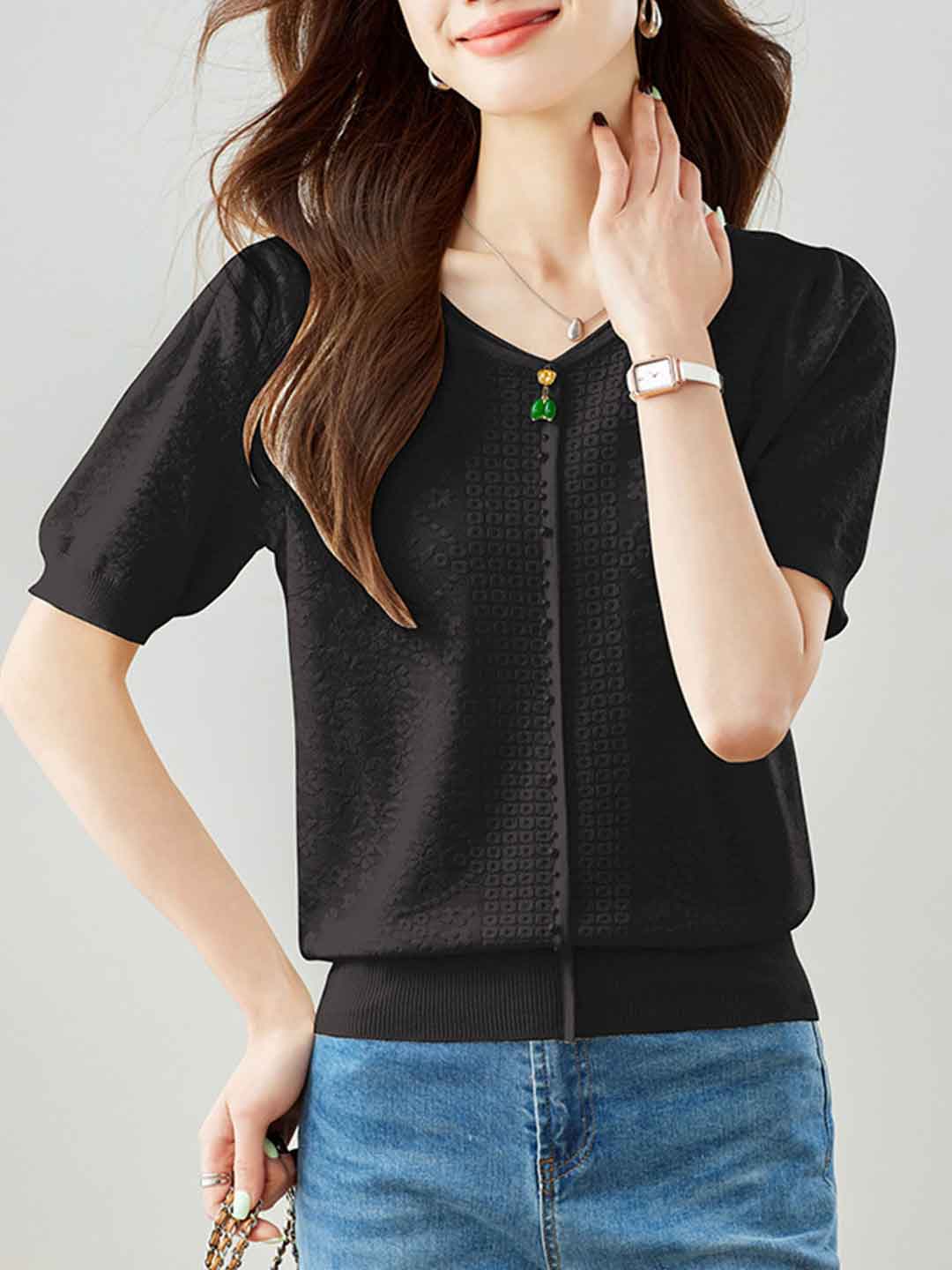 Gianna Casual V-Neck Puff Sleeve Embroidered Knitted Top