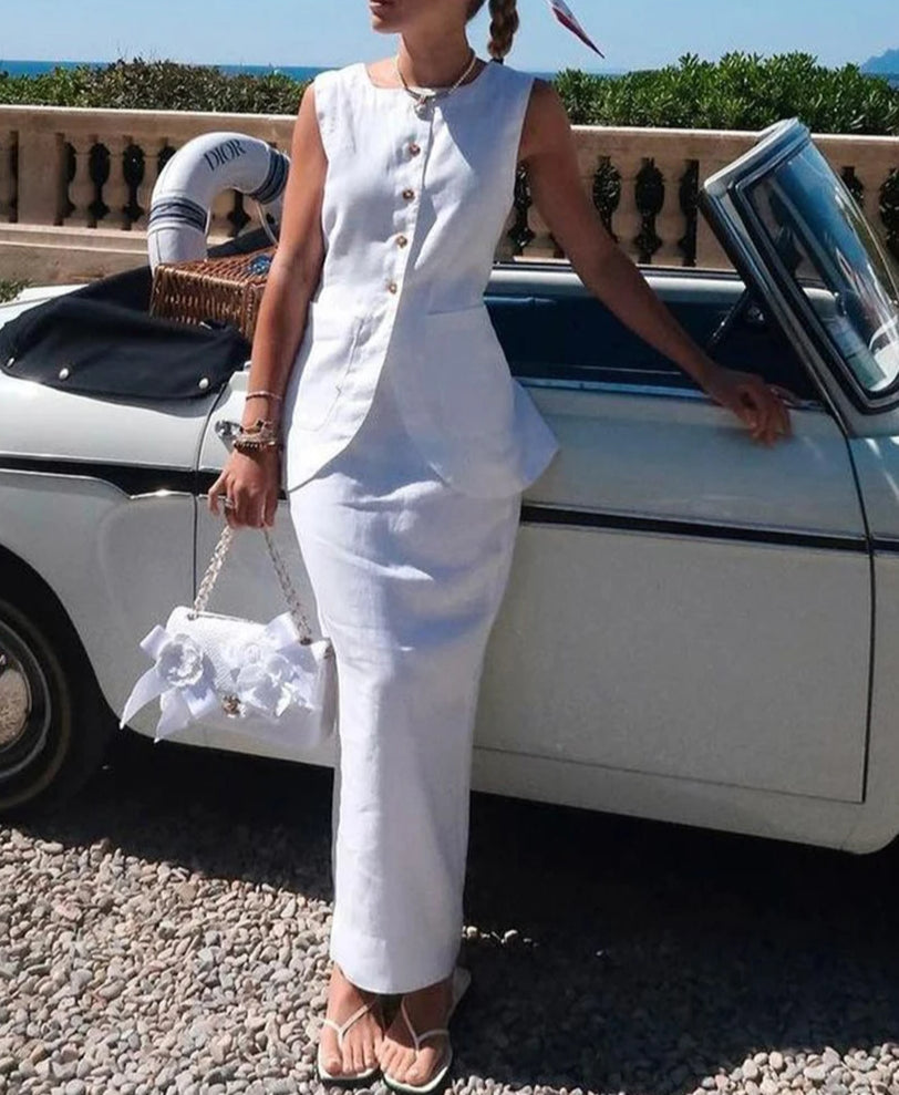 White Cotton Sleeveless Long Skirt Office Two Piece Set