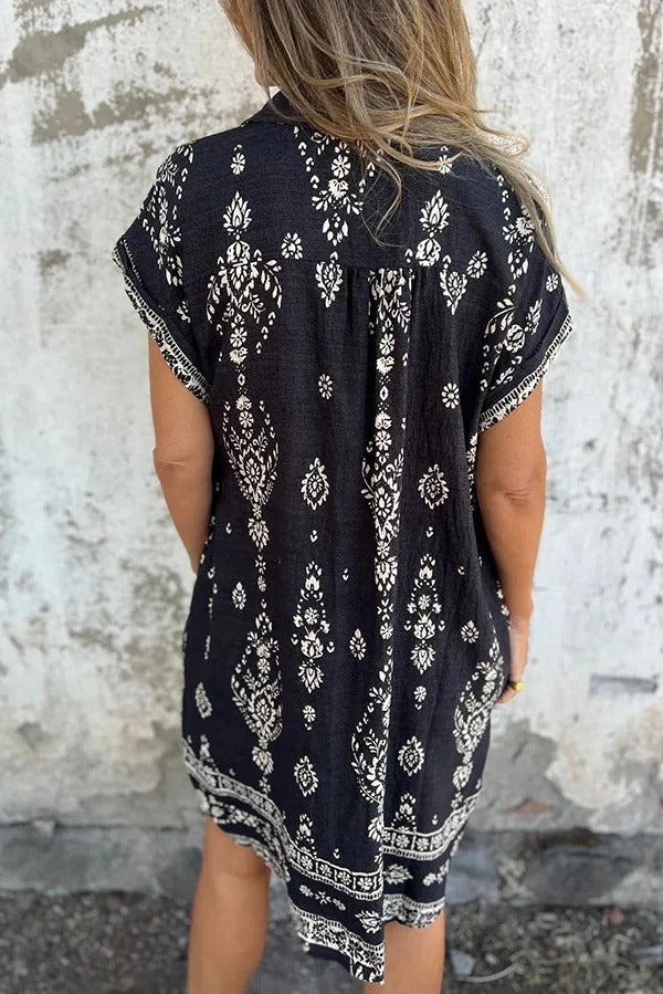 Linen Blend Unique Print Lapel Casual Pocket Mini Dress