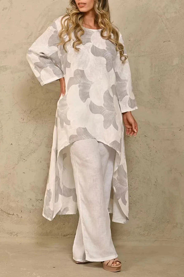 Exquisite Floral Print Crew Neck Paneled Pant Suit