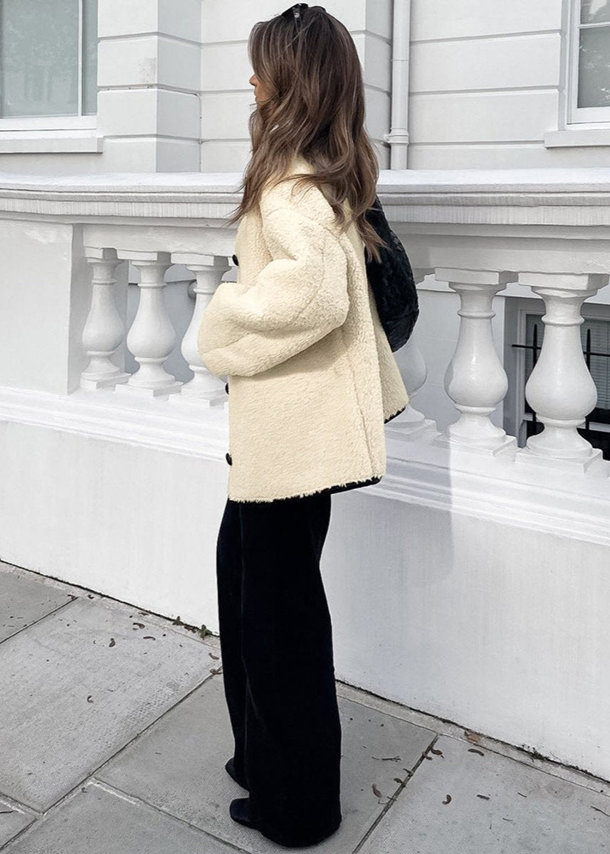 Beige Lambswool Patchwork Round Neck Coat