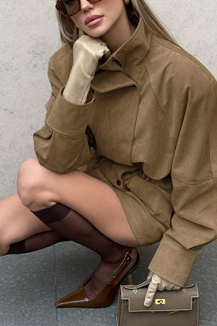 High Neck Cinched Waist Suede Jacket