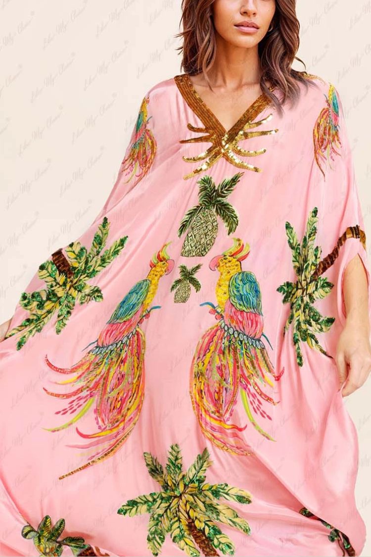 Unique Drop Shoulder Sleeve Coconut Tree Printed Dress