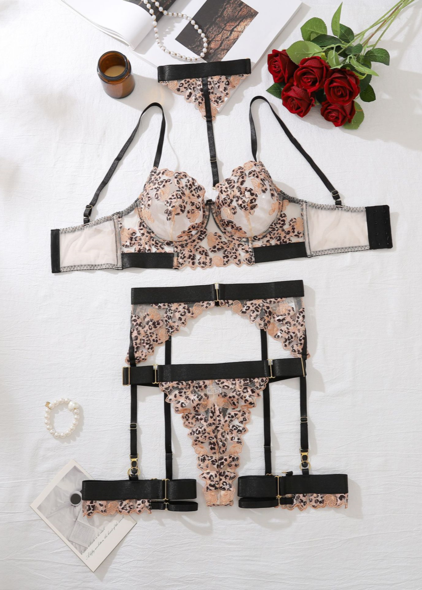 Leona - Embroidered Leopard Mesh Lingerie Set