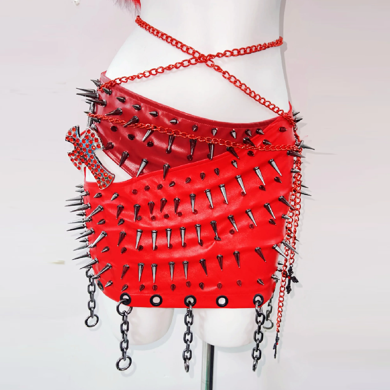 Halter cross applique rivet fluffy hollow out mini skirt set