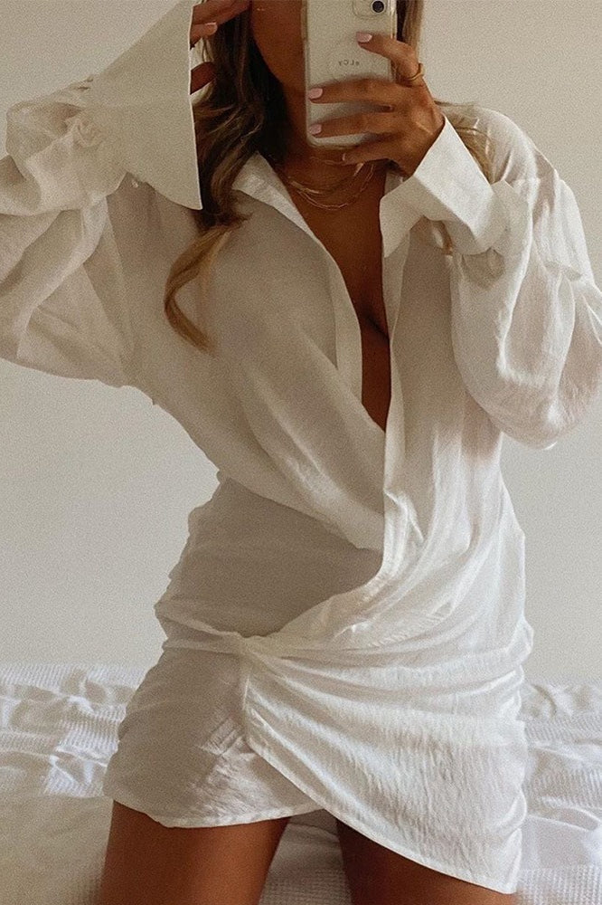 Collared Deep Plunge V-Neck Long Sleeve Wrap Front Ruched Asymmetrical Hem Mini Shirt Dress