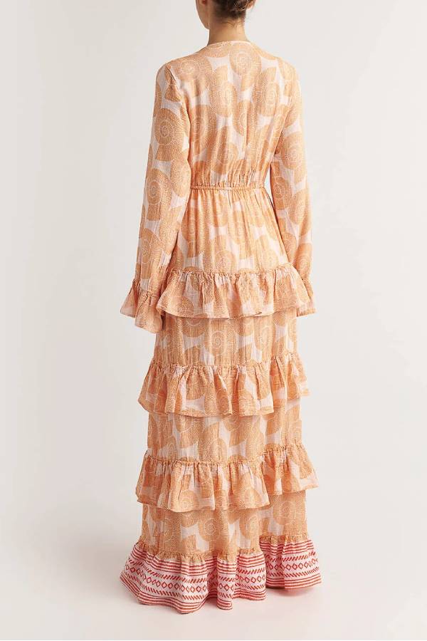 Soleil Conch Print Drawstring Waist Tiered Ruffles Cover-up Maxi Dress