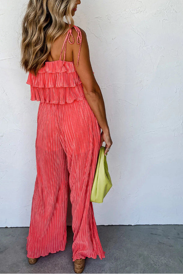 Self Tied Straps Pleated Wide Leg Jumpsuit