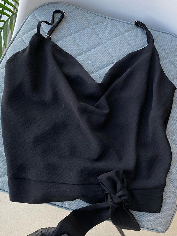 Spaghetti Strap Cowl Neck Knot Crop Top
