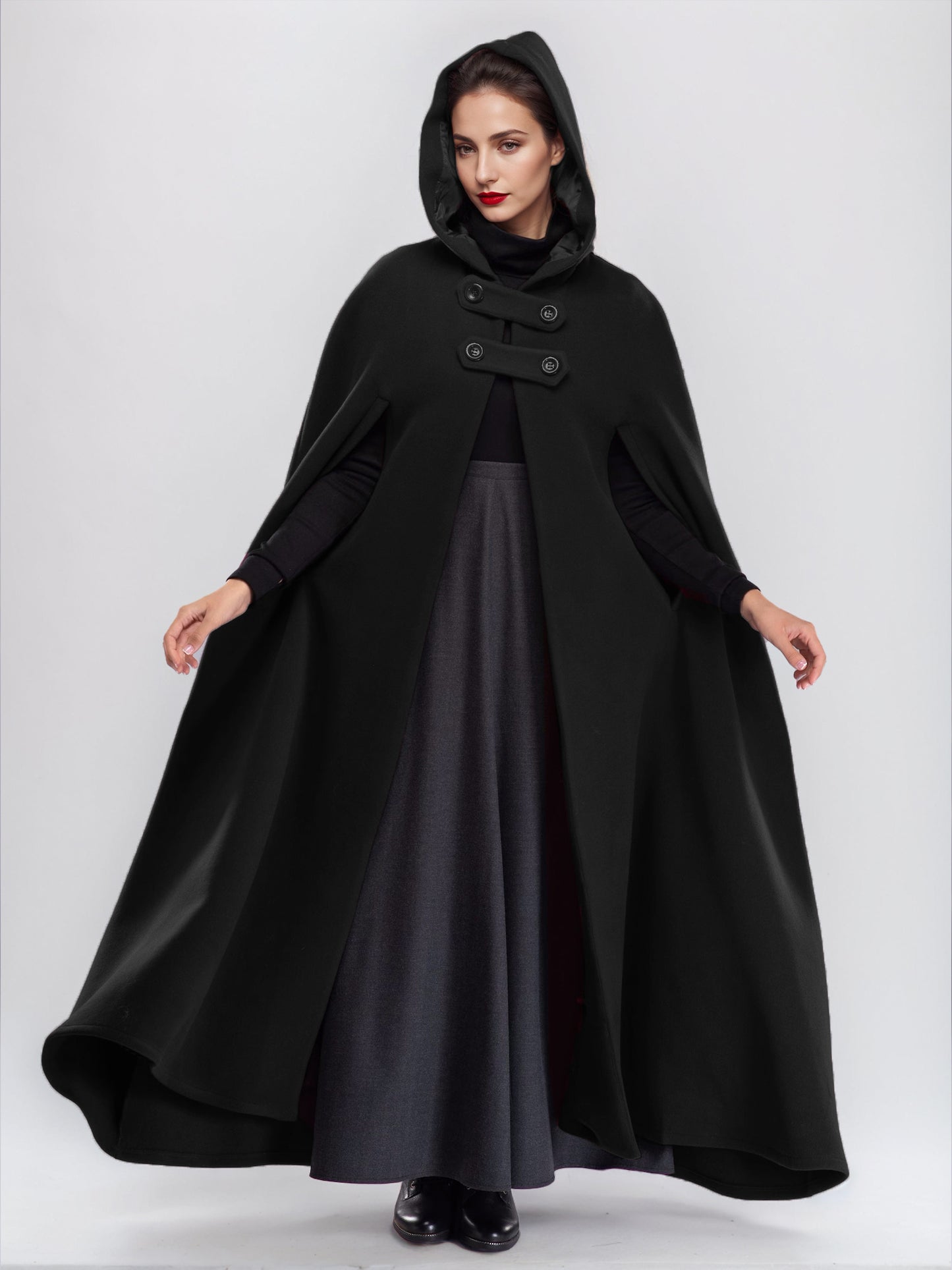 Wool Blend Maxi Cape Coat With Hooded Burgundy Full Length Poncho Oversized Outerwear For Women 2026