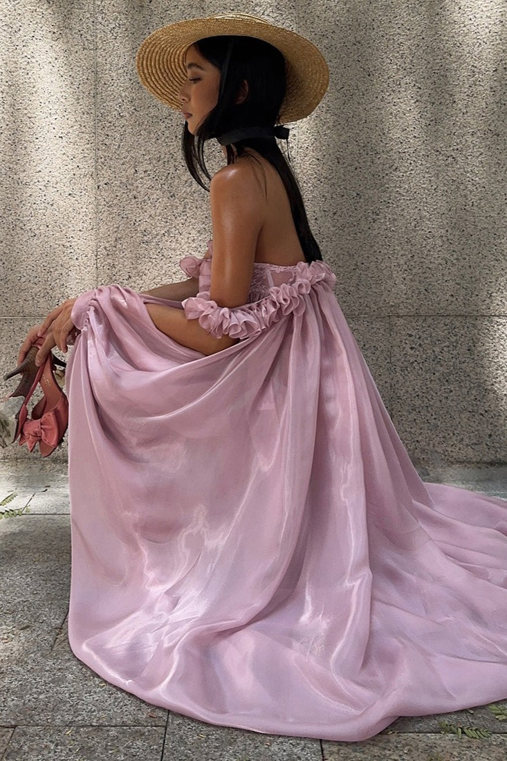 Off Shoulder Ruffle Bubble Hem High Low Organza Train Maxi Dress