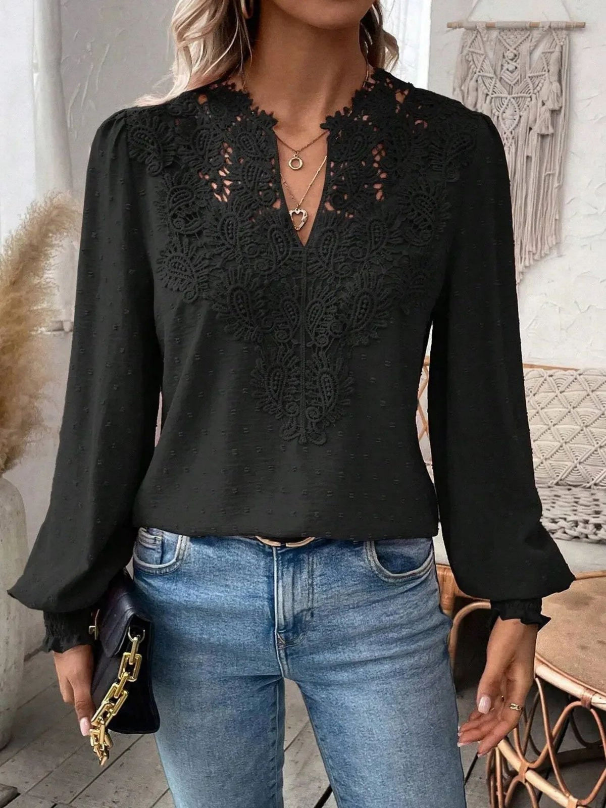 Lace Trim V-neck Long Sleeve Shirt T-shirts