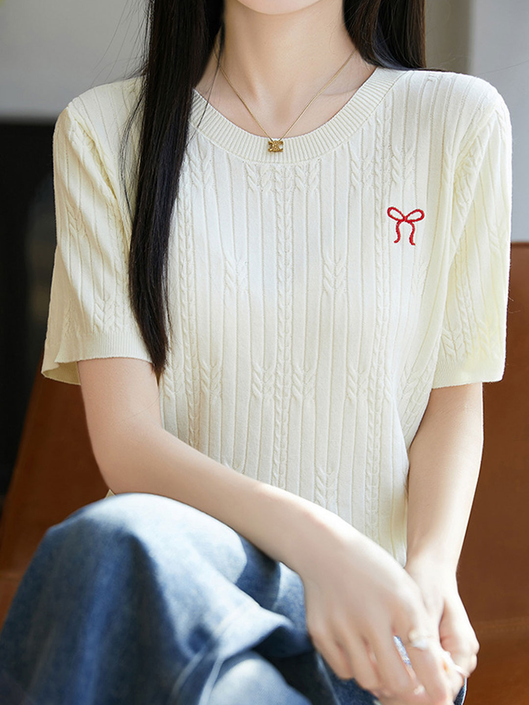 Bella Loose Crew Neck Embroidered Knitted Top