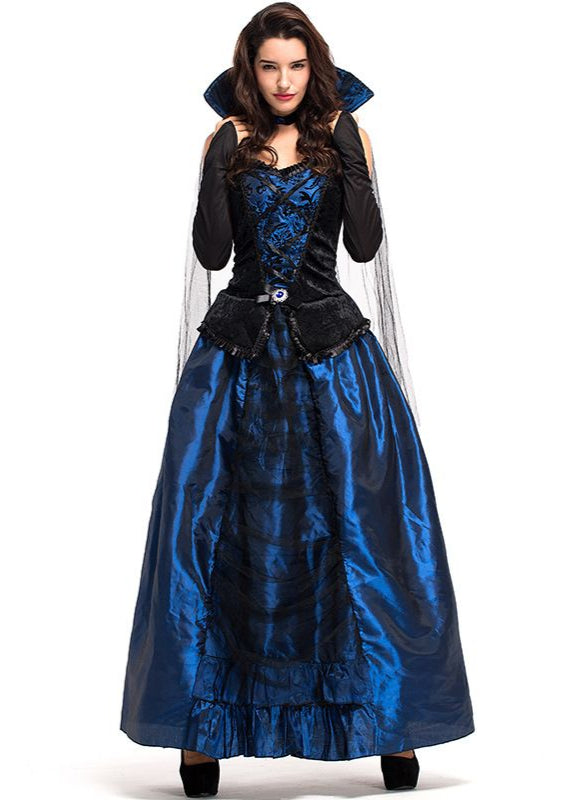 Midnight Duchess - Women’s Blue and Black Vampire Costume Gown with High Collar