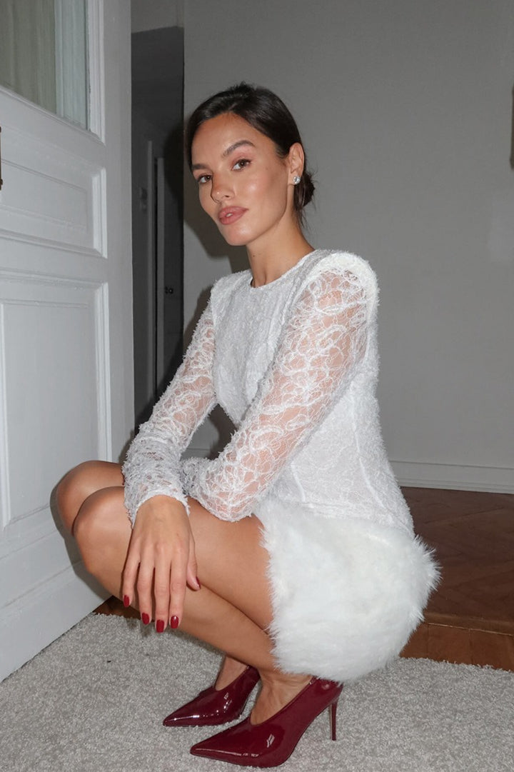 Floral Lace Long Sleeve Sheer Top and Faux Fur Mini Skirt Set