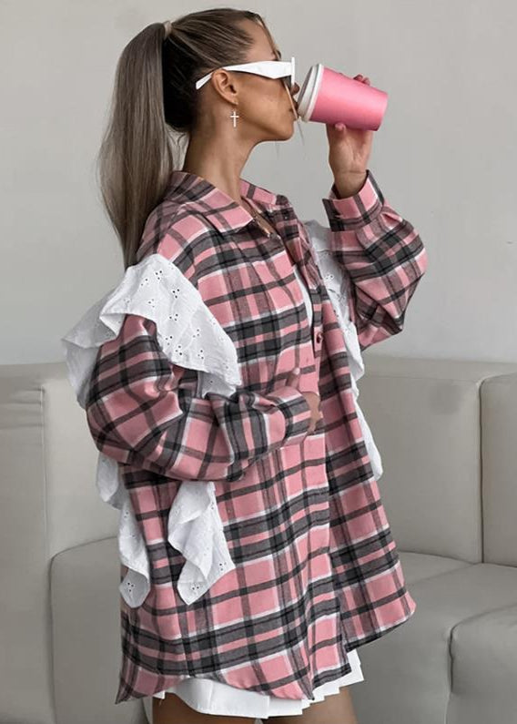 Ainsley Plaid Poplin Shirt - Pink Ruffle Accent Button-Up