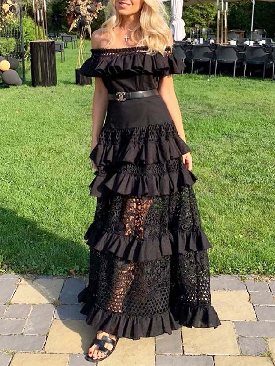 One-shoulder Ruffled Hollow Swing Lace Maxi Dresses