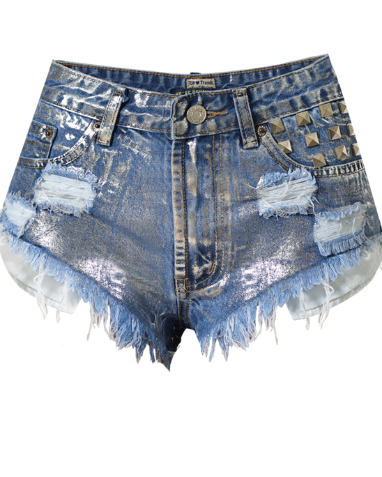 High-Waisted Slim-Fit Ripped Studded Denim Metallic Silver Denim Shorts