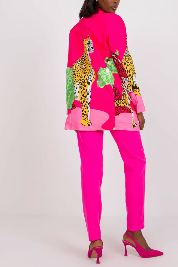 Leopard Print Contrast Slim Fit Long Blazer