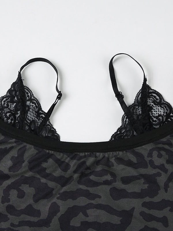 Black Lace Leopard Print Fake Two Piece Tee