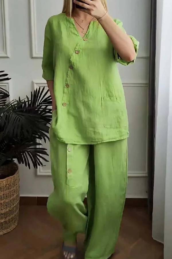 Solid Color Cotton And Linen Cropped Top & Wide Leg Pants Two-Piece Set
