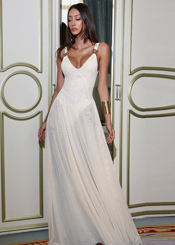 Athena Flow - Draped Maxi Gown with Gold Buckle Straps