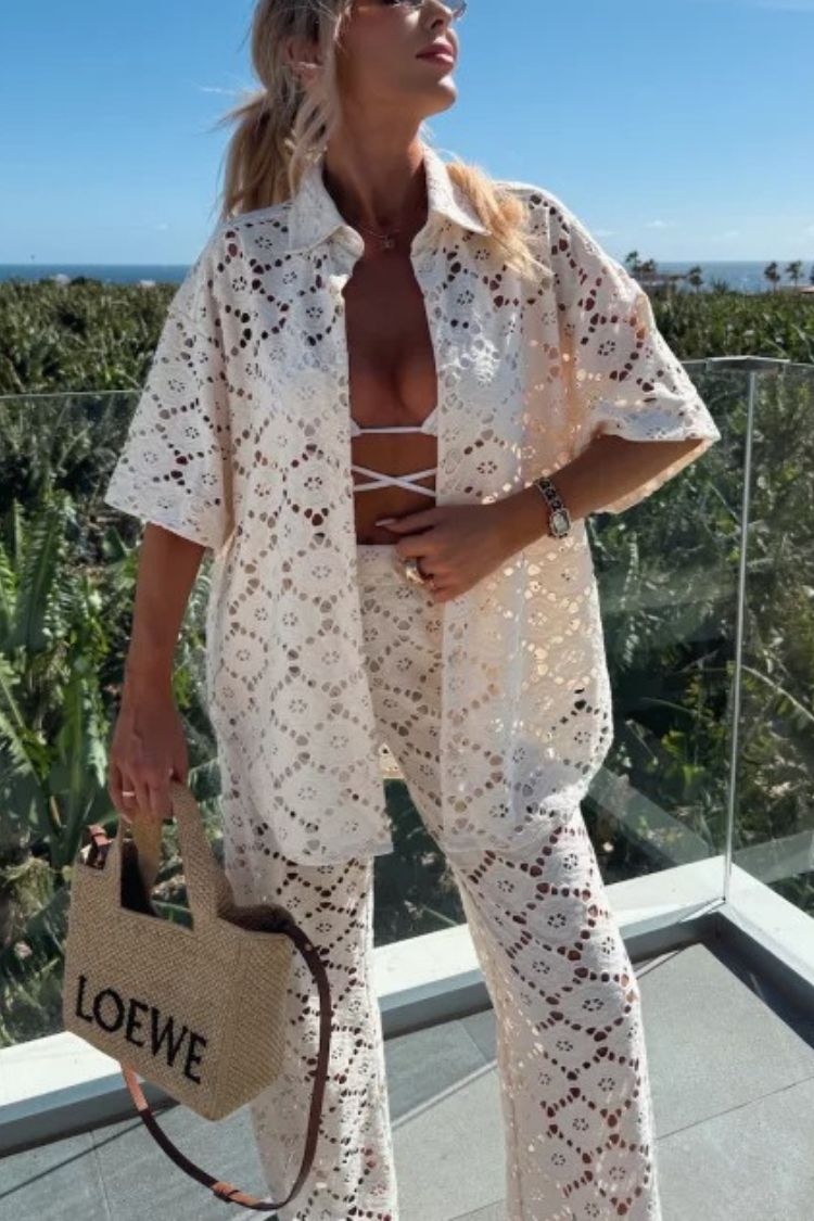 Holiday Crochet Flowers Lace Short Sleeve Shirt and Elastic Waist Wide Leg Pants Set