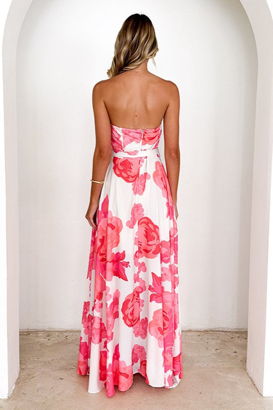 Colorful Print Strapless Tie Maxi Dress