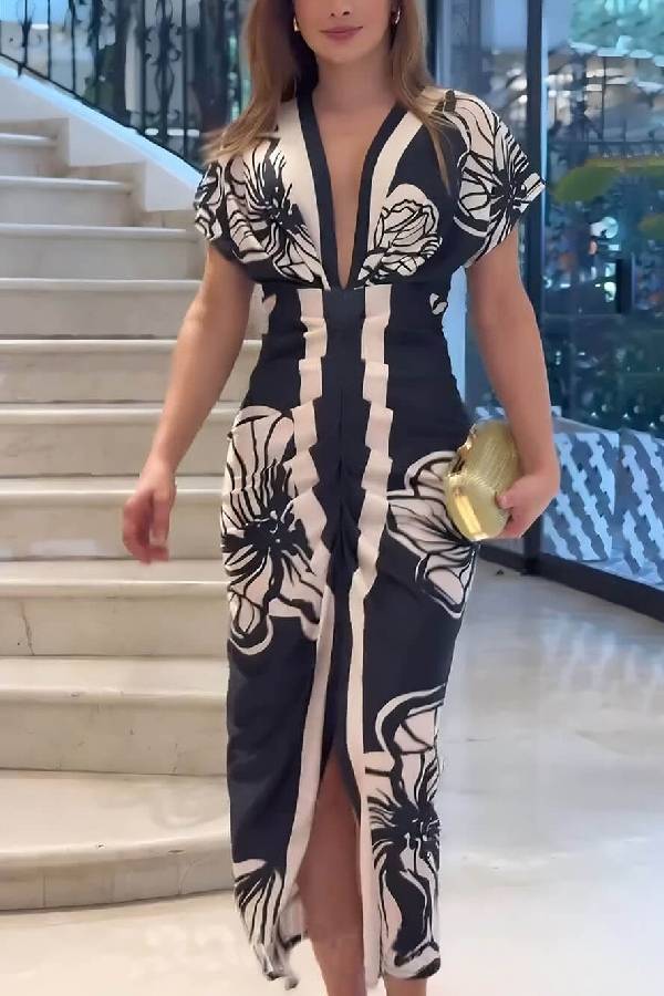 Unique Bella Contrast Color Unique Print Dolman Sleeve Ruched Slit Midi Dress