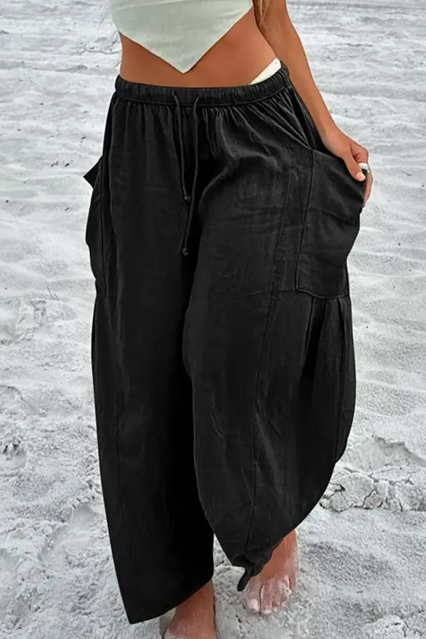 Elastic-waist Pleated Wide-leg Loose Cotton Linen Trousers