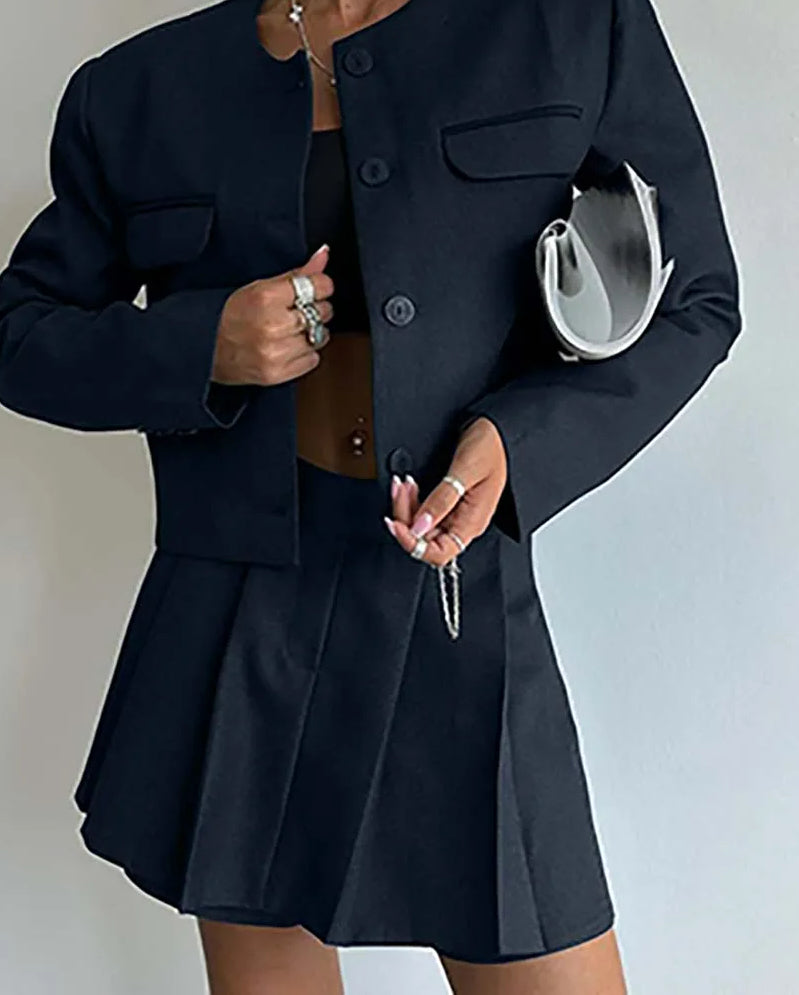 Blue Cotton Single Breasted Shorts Office Two Piece Set