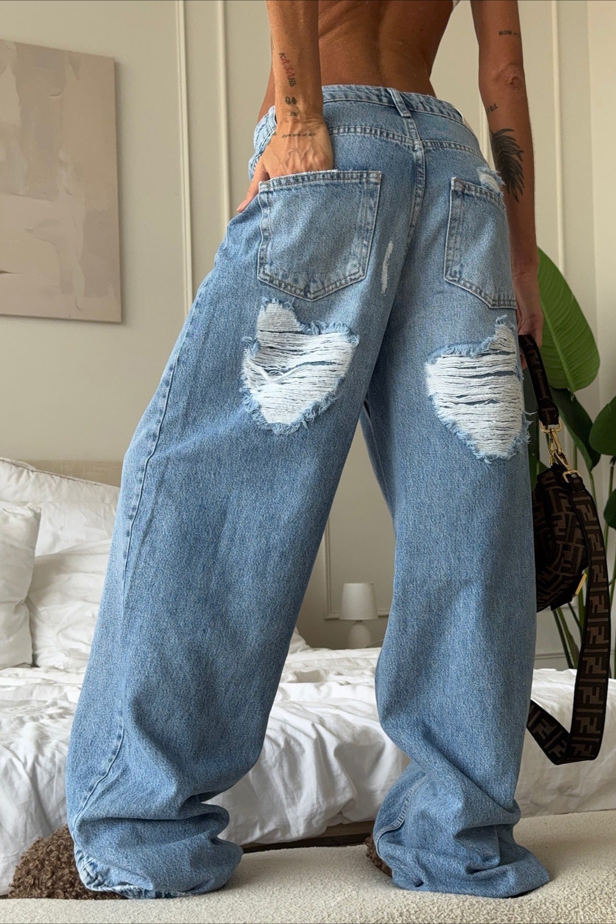 Vintage Heart Ripped Wide-Leg Jeans