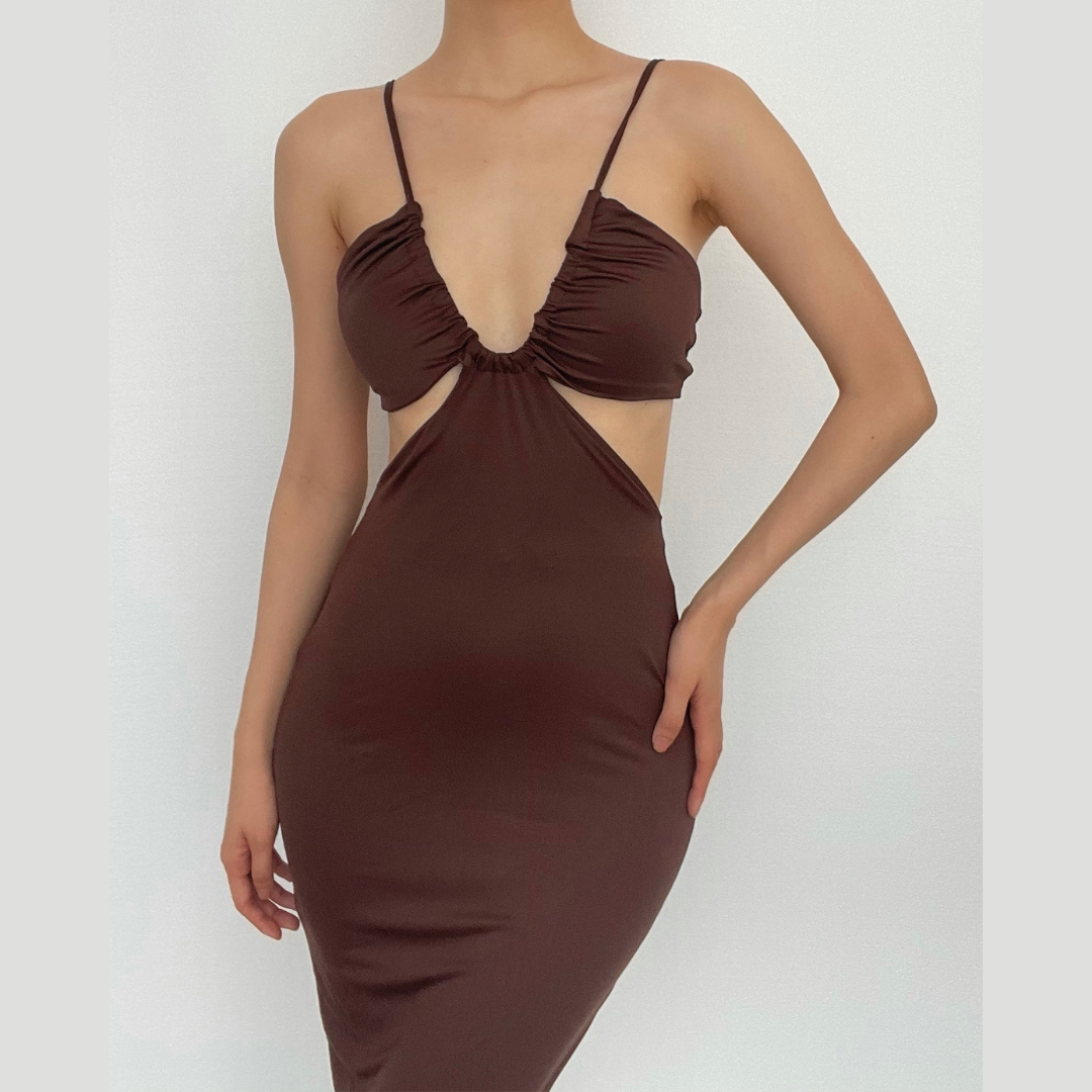 One shoulder backless drawstring hollow out cut out maxi dress