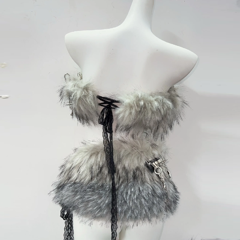 Fluffy metal chain tube mini skirt set