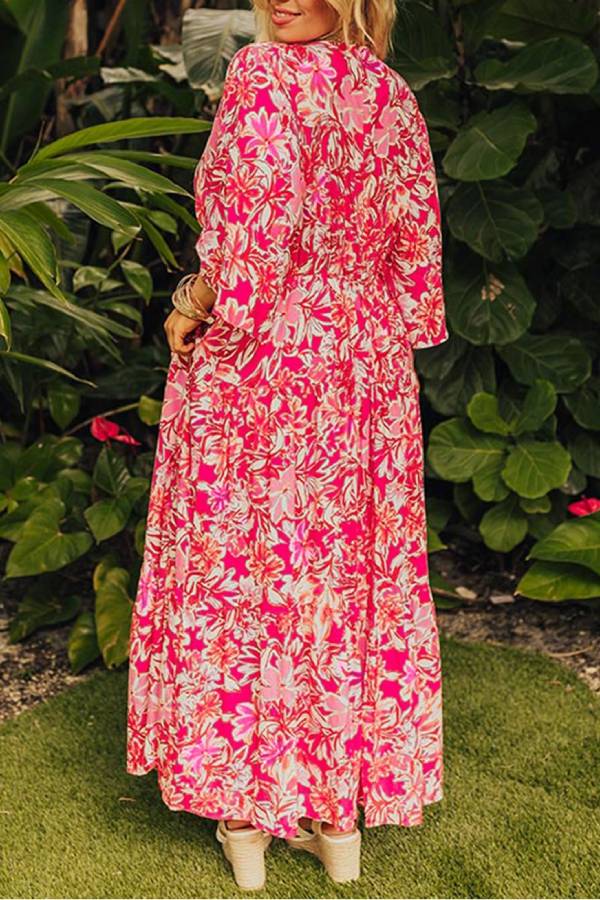 Rose Plus Size Floral V Neck Flounce Sleeve Boho Maxi Dress