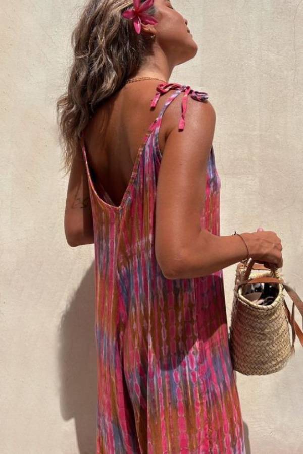V-neck Printed Loose Lace-up Jumpsuit