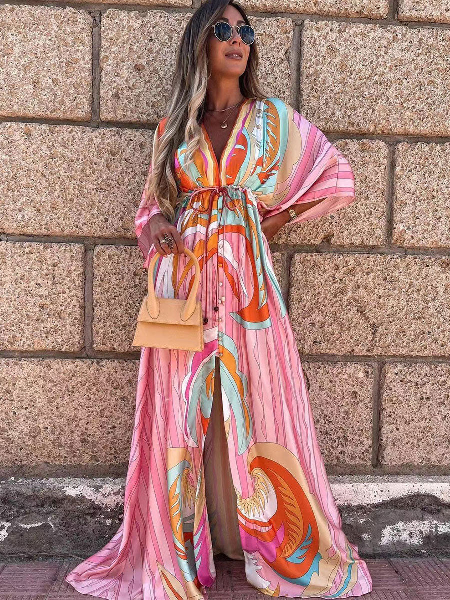 Geometric Kaftan Dress for Women - Boho Drawstring Waist High Slit Maxi Cover-up Dress - Summer Beach Resort Wear 2026