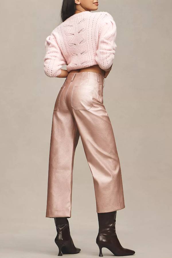 Colette Metallic Faux Leather Pocket Cropped Wide Leg Stretch Pants