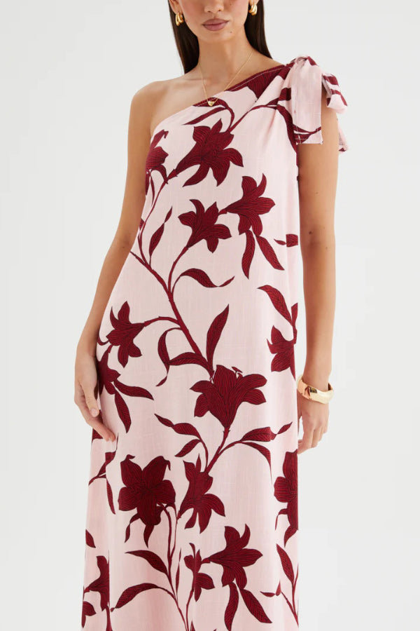 Botanical Print Sleeveless One-shoulder Tie-up Casual Vacation Maxi Dress