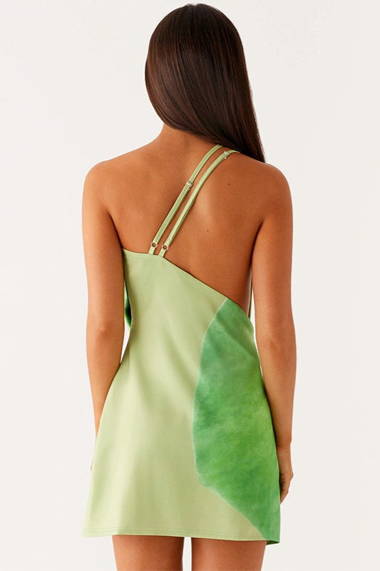 Tropical Floral Print Cowl Neck One Shoulder Bodycon Mini Dress