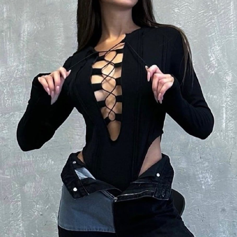 Hollow out long sleeve stitch lace up bodysuit