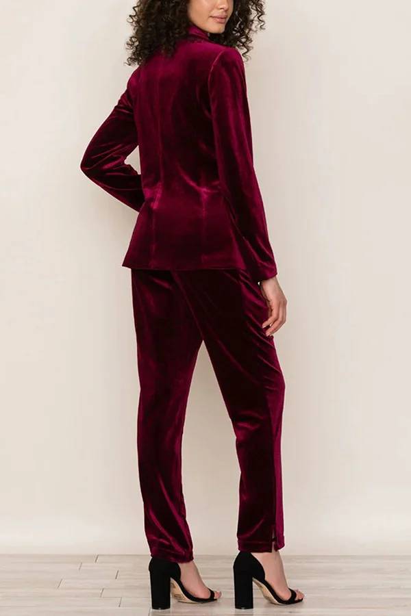 Solid Color Velvet Long-sleeve Blazer and Elastic Waist Pocket Pants Set